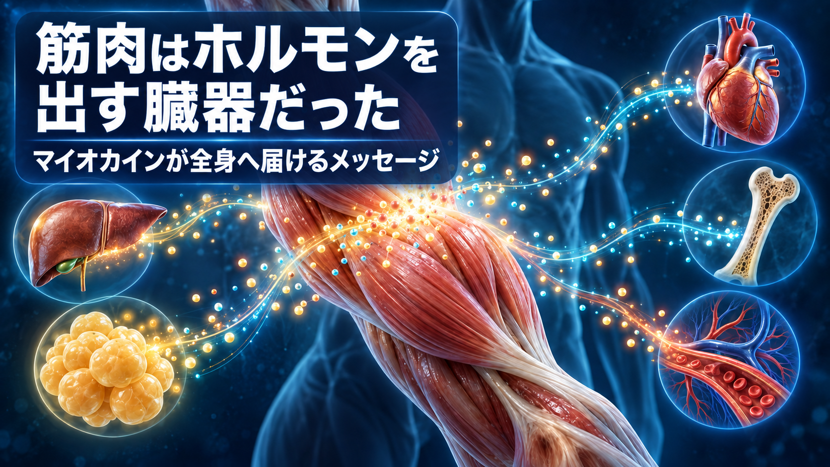 筋肉からマイオカインが全身の臓器へ届く様子を示すアイキャッチ画像