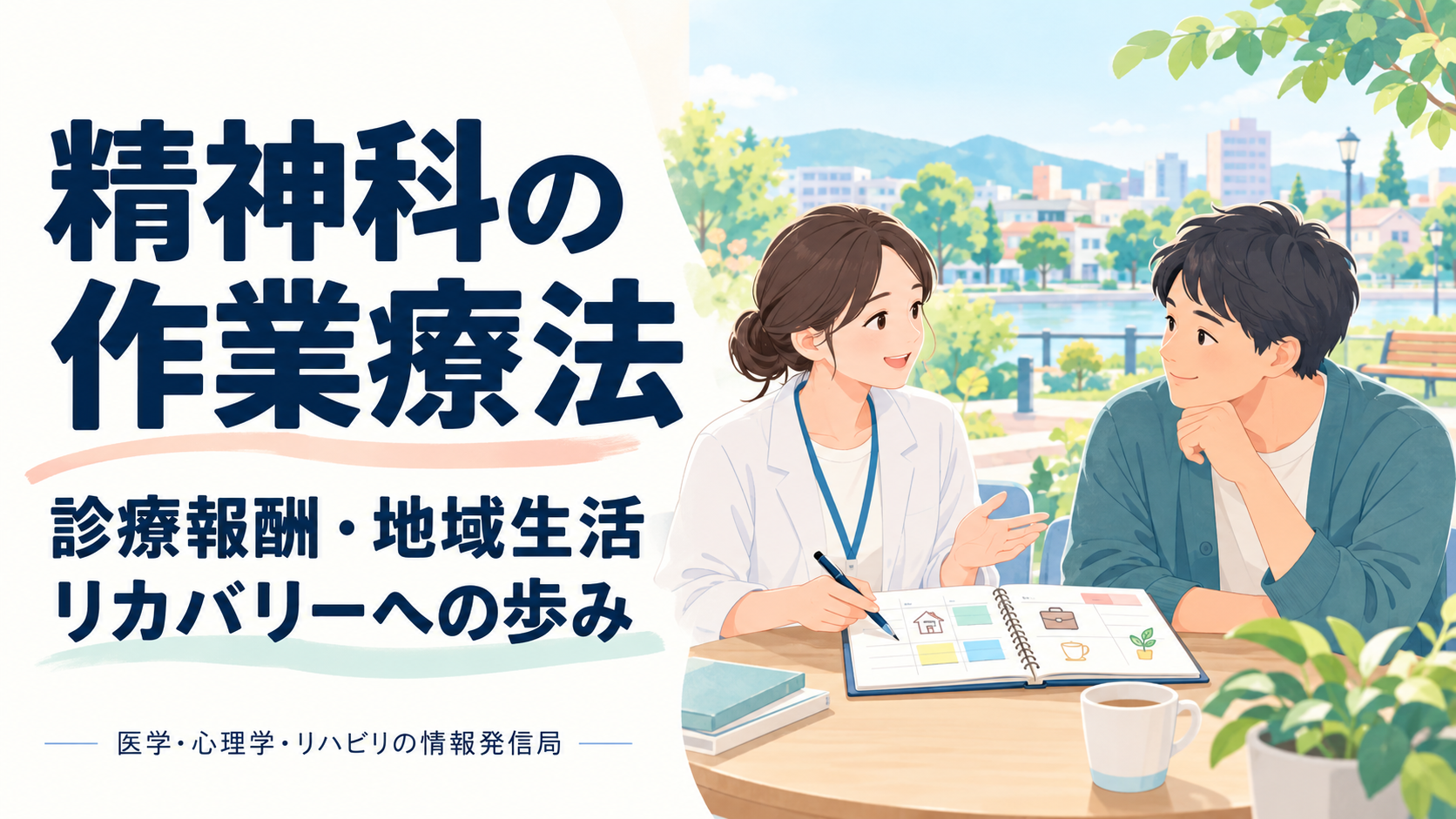 精神科の作業療法。診療報酬・地域生活・リカバリーへの歩み。本人と作業療法士が地域での暮らしを相談するイラスト。
