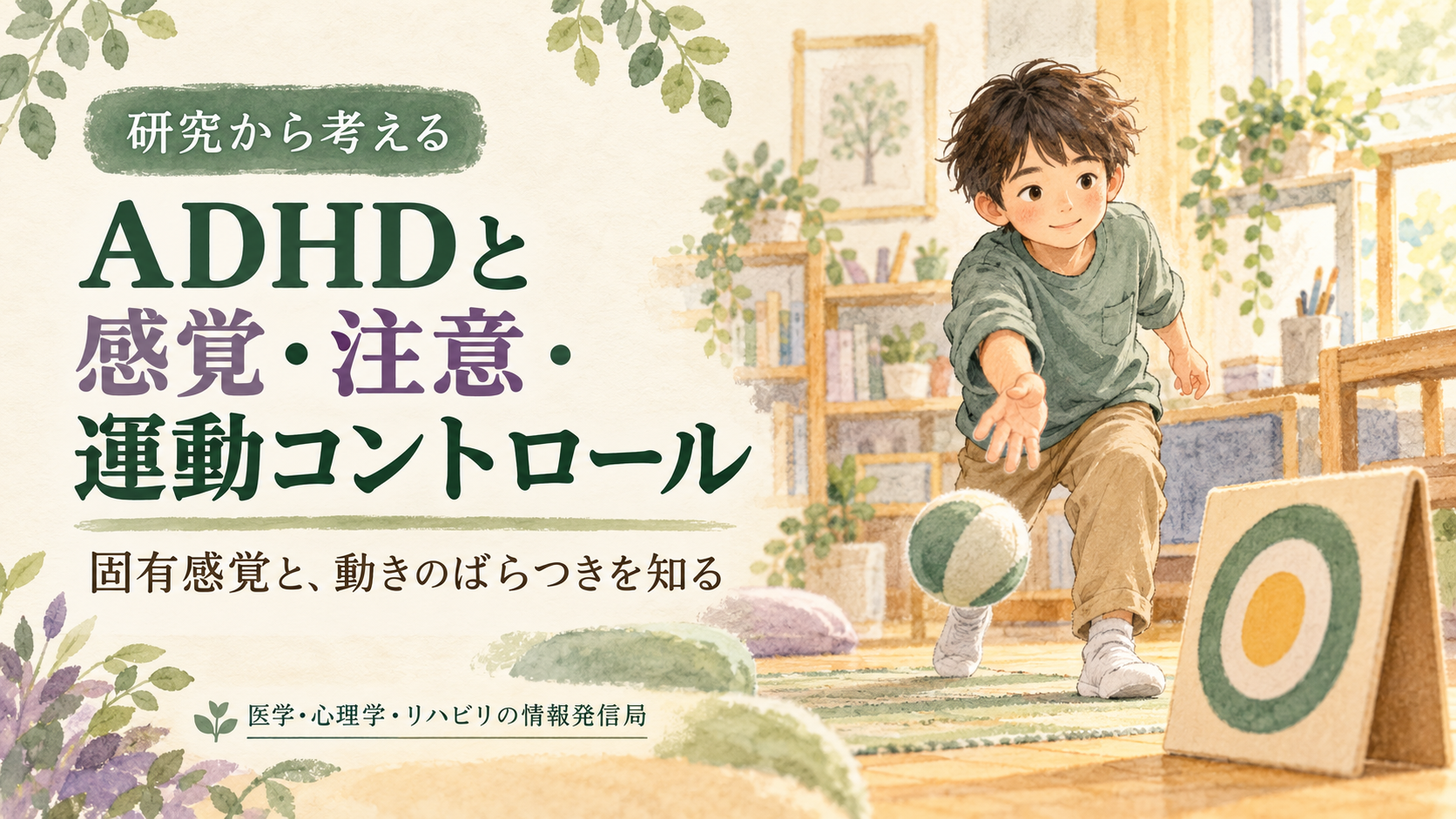 ADHDと感覚・注意・運動コントロール。固有感覚と、動きのばらつきを知る。水彩と色鉛筆風で、子どもが的へボールを投げる概念イラスト。