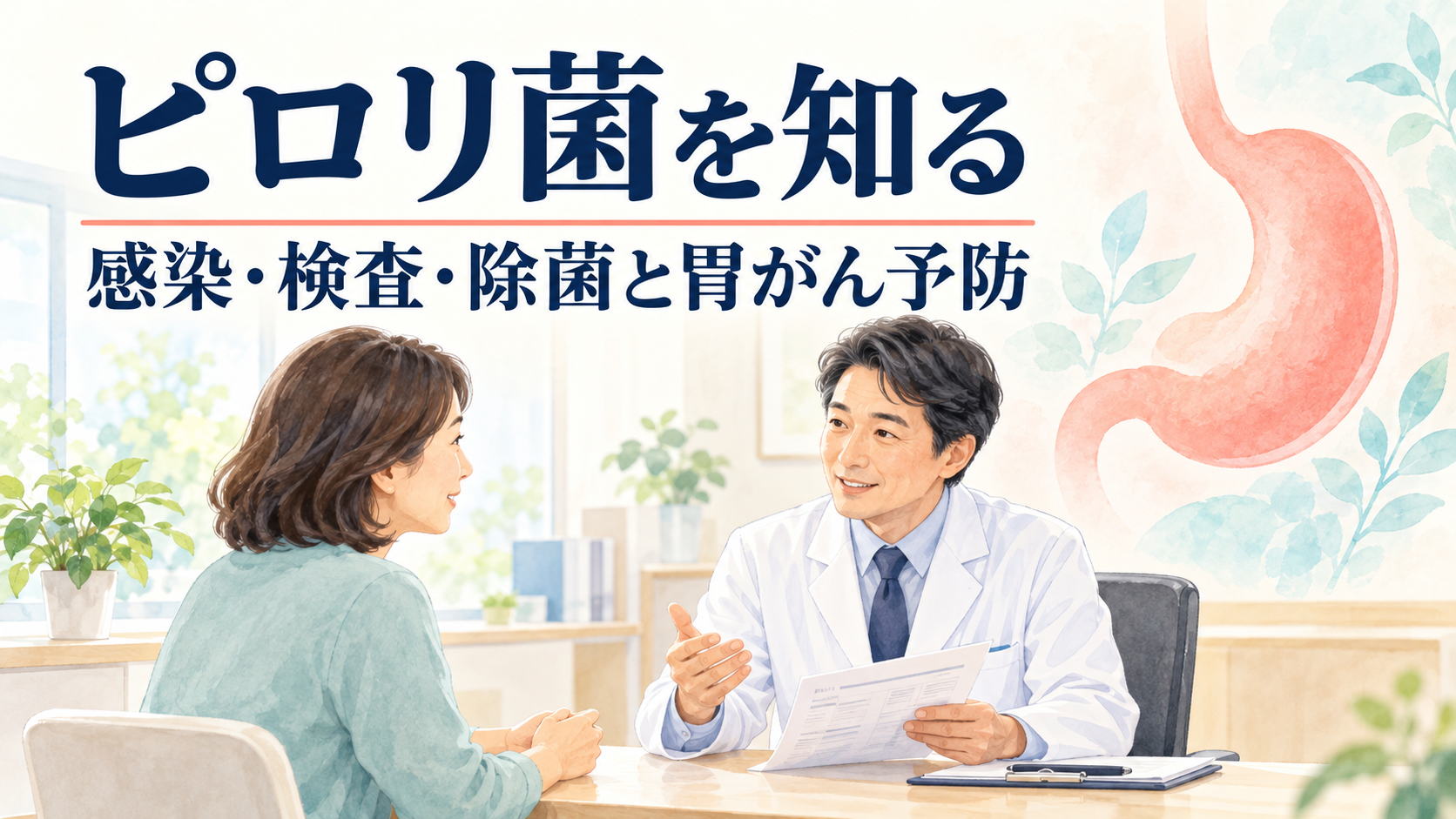 ピロリ菌を知る。感染・検査・除菌と胃がん予防。医師と成人が検査について相談するイラスト。