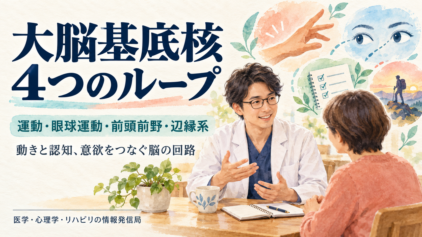 大脳基底核の4つのループ。運動・眼球運動・前頭前野・辺縁系をテーマに、医療者と相談者、動作・視線・手順・目標を象徴するイラストを配置。