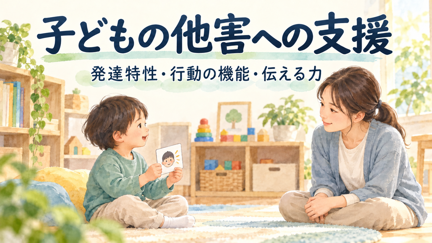 子どもの他害への支援。発達特性・行動の機能・伝える力。子どもがカードを使い、支援者が落ち着いて話を聴くイラスト。