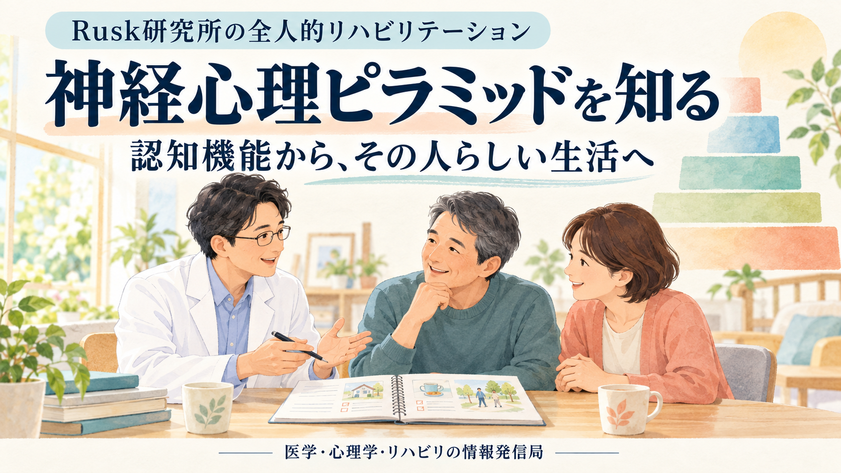 神経心理ピラミッド。Rusk研究所の認知リハビリテーションをテーマに、医療者と相談者、日常生活を支える場面を描いたイラスト。