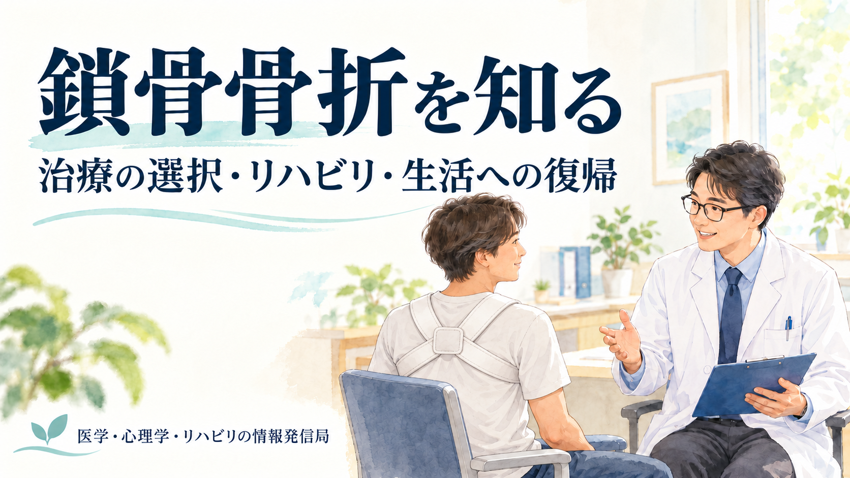 8の字型のクラビクルバンドを装着した患者が医療者と相談するイラスト。鎖骨骨折の治療・リハビリ・生活への復帰を解説。