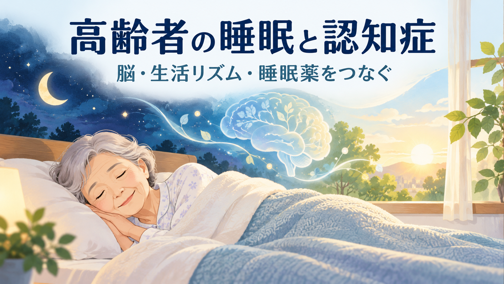 「高齢者の睡眠と認知症」「脳・生活リズム・睡眠薬をつなぐ」の文字と、穏やかに眠る高齢者、夜から朝へ変わる景色、脳のイラスト